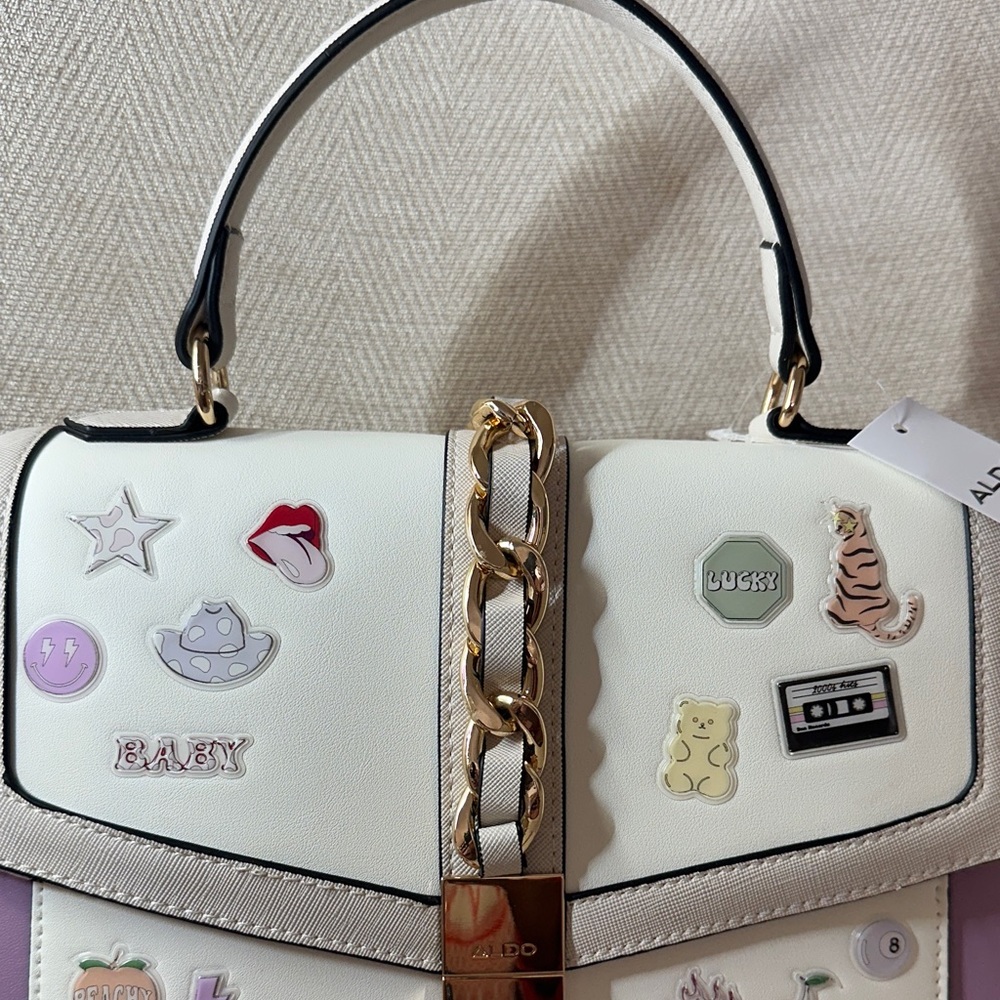 Aldo Cream and Purple Satchel with Fun Embellishments and Shoulder Strap - Picture 3 of 14